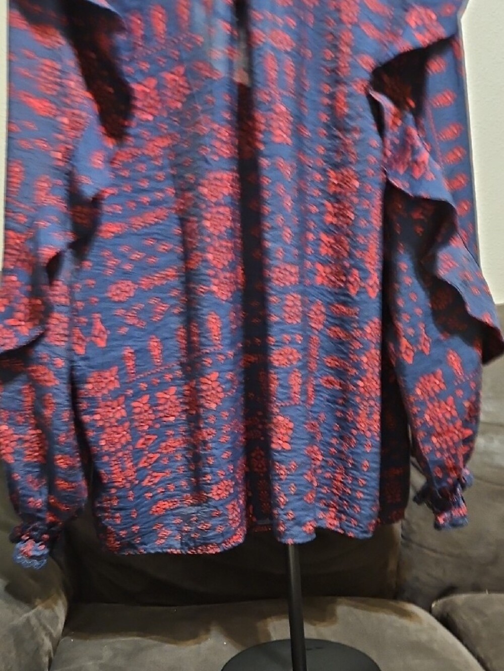 The Pioneer Woman Navy and Red Printed Ruffle-Shoulder Tie-Neck Blouse - Picture 6 of 8